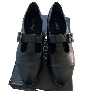 Vionic Carmen Black Leather T-Strap Mary Jane Lug Sole Shoes Womens 7